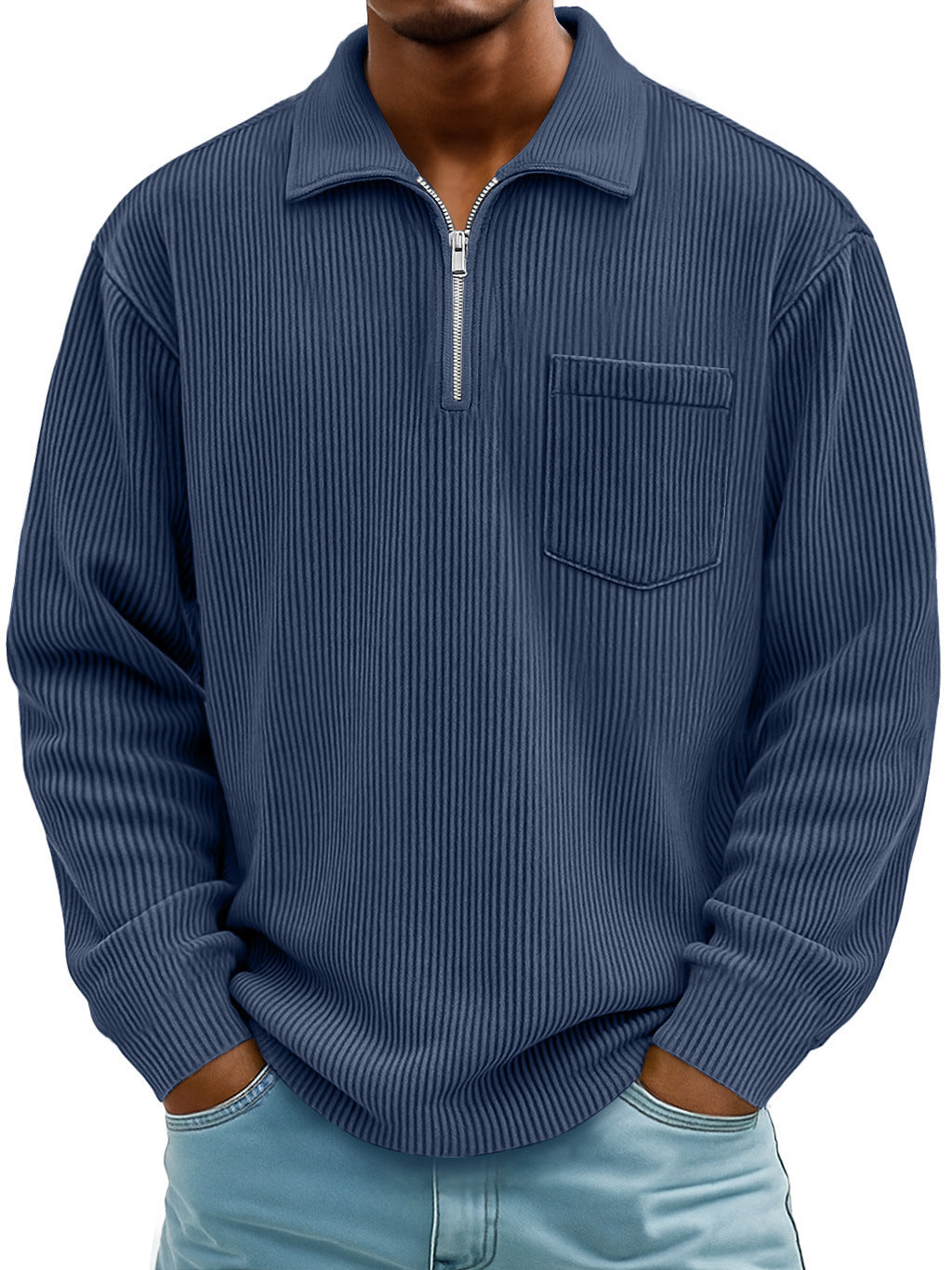Men's Ribbed Quarter Zip Pullover Sweater Casual Long Sleeve Knit Polo Sweatshirt with Pocket