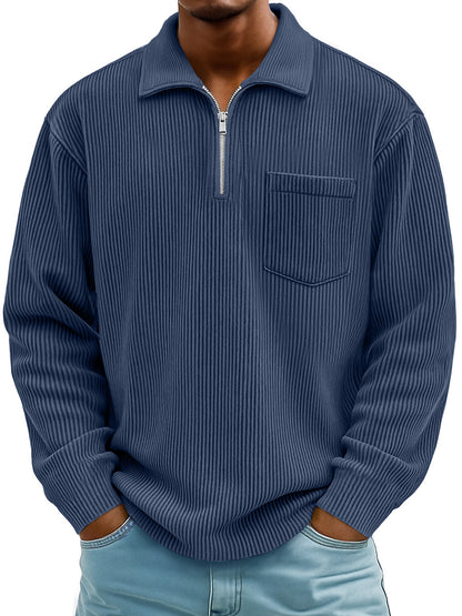 Men's Ribbed Quarter Zip Pullover Sweater Casual Long Sleeve Knit Polo Sweatshirt with Pocket