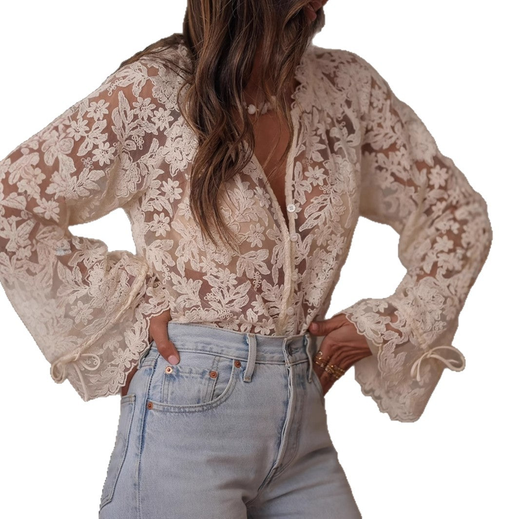 Korean version of the new hollow casual lace shirt lace shirt women - Seldom Seen Styles