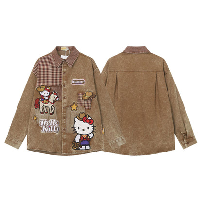 Cartoon Embroidered Long Sleeve Denim Shirt Loose Fit Wasteland Western Retro Couple Casual Streetwear Button-Up | Toon Denim Shirt