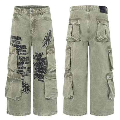 Multi-Pocket Distressed Digital Print Washed Heavyweight Jeans Vintage American Workwear Trendy Casual Denim Trousers | Pocket Print