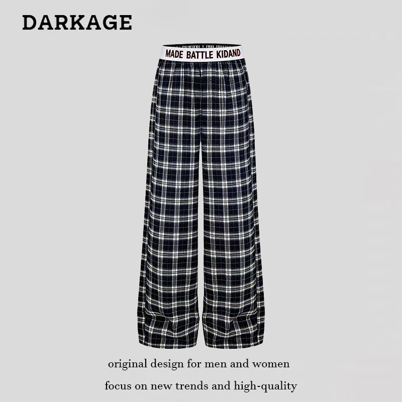 DARKAGE Plaid Wide-Leg Pants with Lettering Waistband