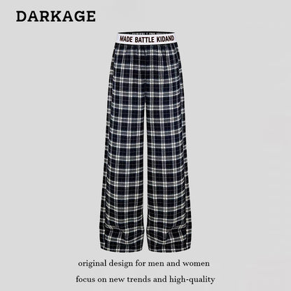 DARKAGE Plaid Wide-Leg Pants with Lettering Waistband