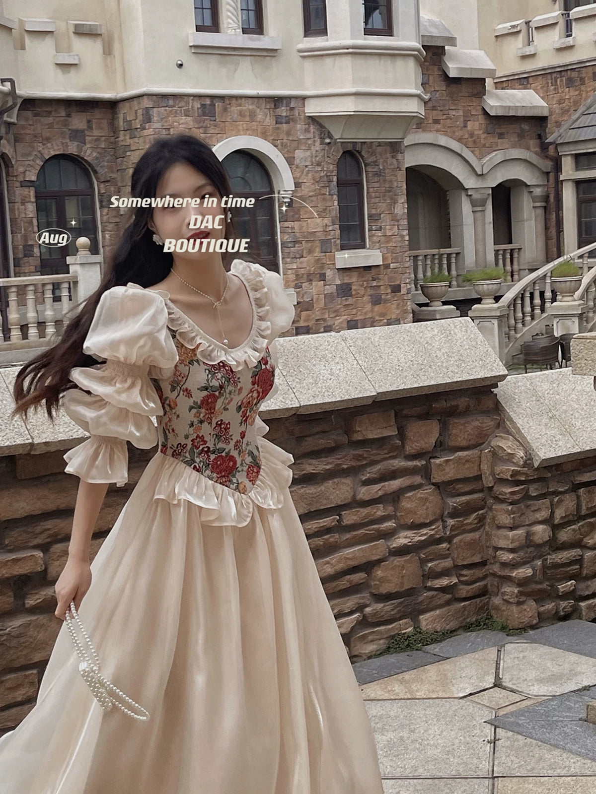 French Vintage Floral Corset Dress – Elegant Puff Sleeve Cottagecore Princess Midi Dress for Women - Seldom Seen Styles