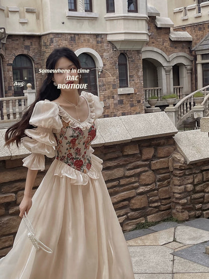 French Vintage Floral Corset Dress – Elegant Puff Sleeve Cottagecore Princess Midi Dress for Women