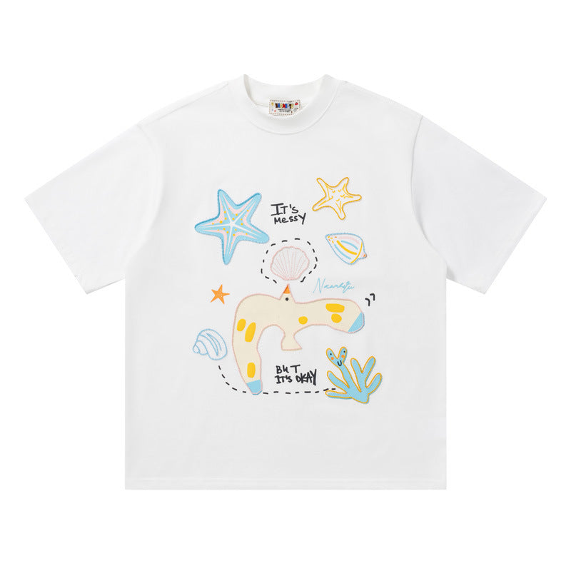Ocean Doodle Graphic Oversized T-Shirt Short Sleeve Crew Neck Casual Summer Streetwear Tee | Ocean Doodle Tee
