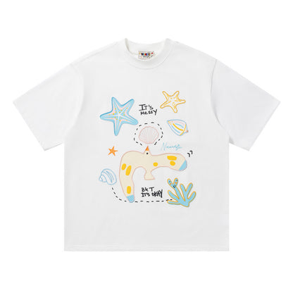 Ocean Doodle Graphic Oversized T-Shirt Short Sleeve Crew Neck Casual Summer Streetwear Tee | Ocean Doodle Tee