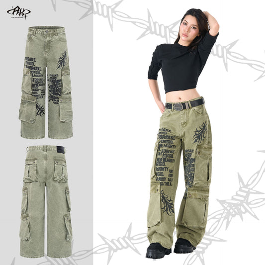 Multi-Pocket Distressed Digital Print Washed Heavyweight Jeans Vintage American Workwear Trendy Casual Denim Trousers | Pocket Print