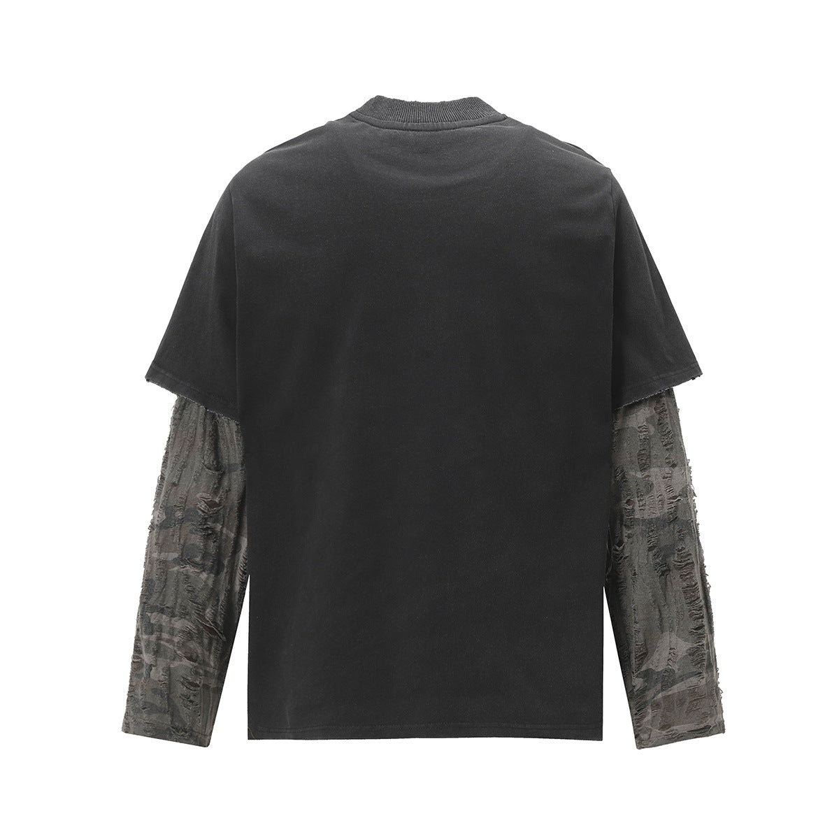Faux Two-Piece Distressed Camo Sleeve Long Sleeve Tee - Washed Black