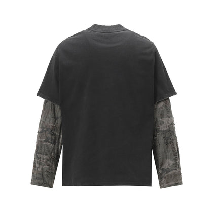 Faux Two-Piece Distressed Camo Sleeve Long Sleeve Tee - Washed Black