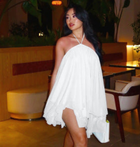 Women's Backless Halter Mini Dress Flowy Chiffon Loose Fit Vacation Party Dress