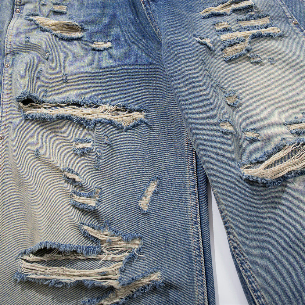 Distressed Gradient Washed Denim Wide Leg Pants Loose Straight Deconstruction Patchwork Streetwear Casual Summer Jeans | Fade Rip