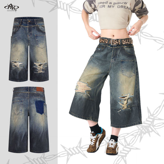 Street Hip-Hop Heavy Wash Ripped Denim Shorts Distressed Retro Cropped Jeans Casual Summer Streetwear Shorts | Grunge Denim