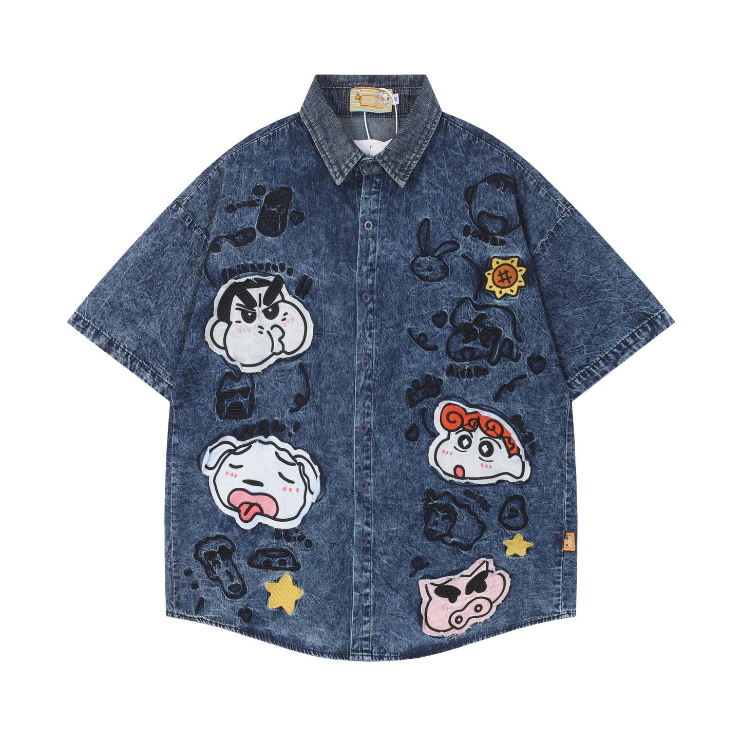 Crayon Sticker Embroidered Denim Shirt Loose Short Sleeve Casual Color Matching Couple Japanese Cute Streetwear Summer Top | Crayon Denim
