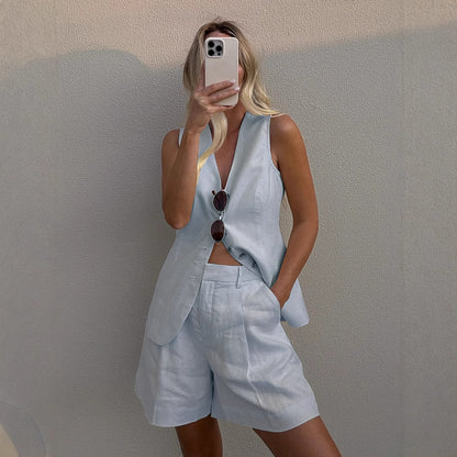 Baumwoll- und Leinen-Westen-Shorts-Set, Sommer 2025, neue Pendlerweste + Shorts-Anzug, Freizeitanzug für Damen