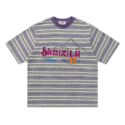 Crew Neck Short Sleeve Striped Graphic Print T-Shirt Loose Oversized Korean Style Cloud Letter Casual Summer Top | Cloud Stripe