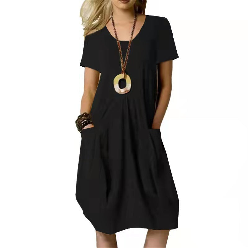 Women's Cotton Linen Loose Midi Dress Casual Short Sleeve Pocket Shift Dress - Seldom Seen Styles