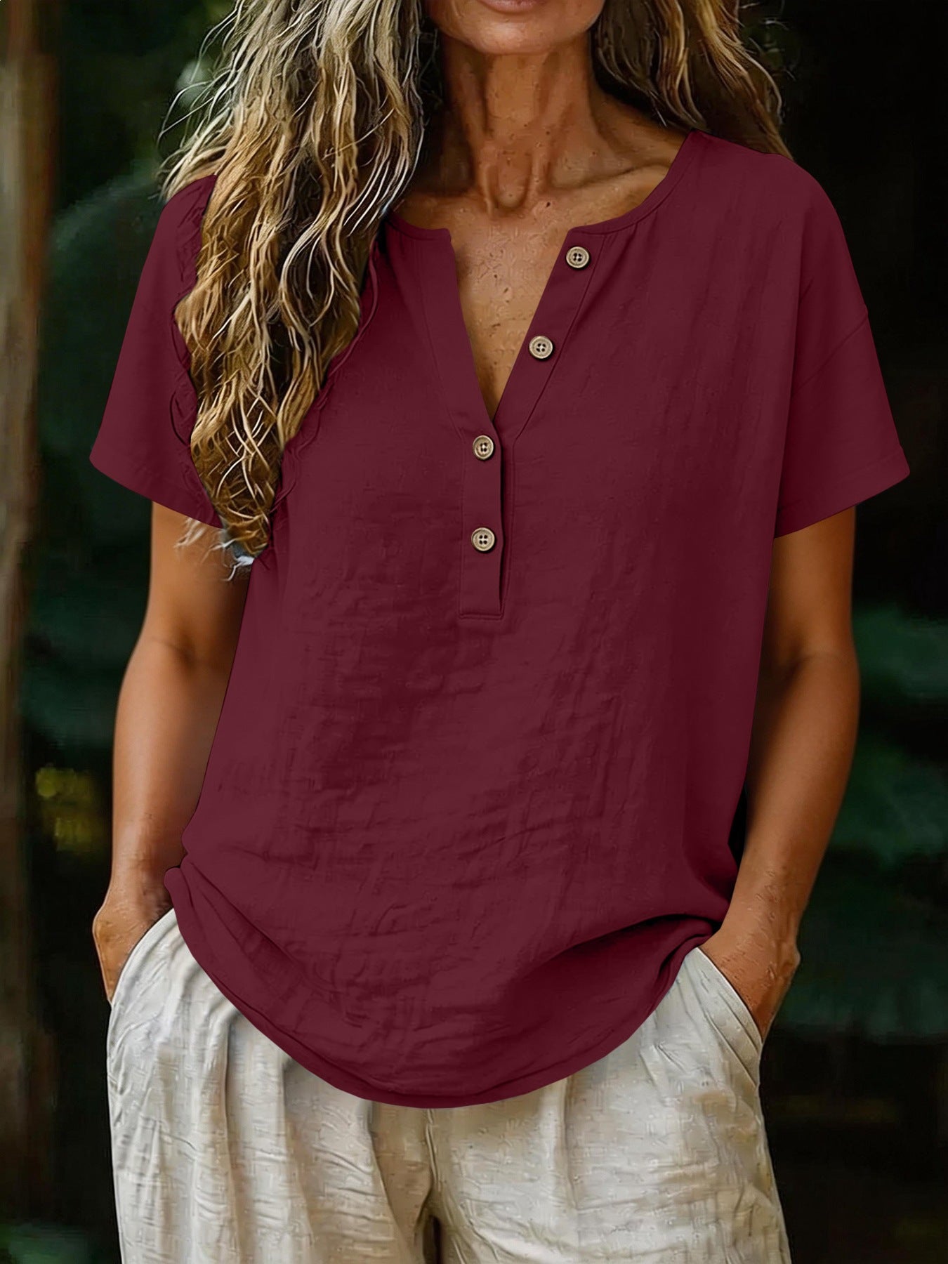 Women's V-Neck Button Up Short Sleeve Solid Color Relaxed Fit Casual Summer Vacation Top - Seldom Seen Styles