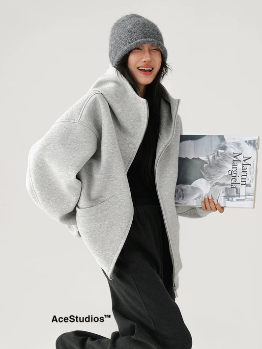 Acestudios trendy brand retro street lazy wind loose hooded cardigan thickened sweater jacket women