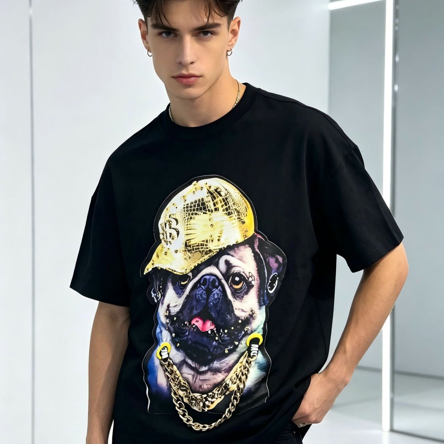 Graphic Print Short Sleeve T-Shirt Gold Chain Bulldog Oversized Loose Fit Heavy Industry Streetwear Couple Summer Casual Tee | Chain Pup Tee