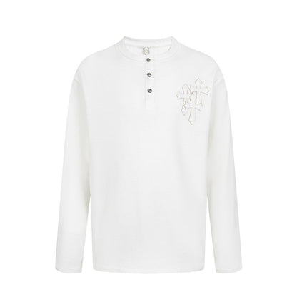 Cross Leather Embroidery Loose Casual Long Sleeve Shirt Retro American Street Style Thin Bottoming Top Fall Streetwear | Cross Stitch
