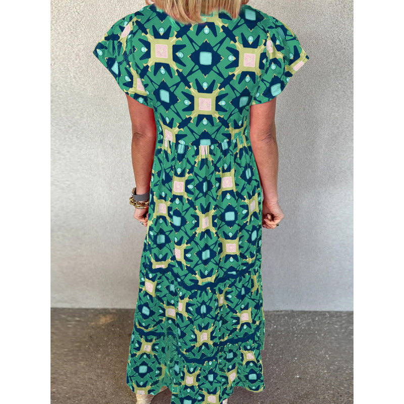 Women's Boho Print Maxi Dress V Neck Short Sleeve High Waist Summer Vacation Dress - Seldom Seen Styles