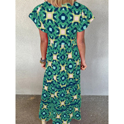 Women's Boho Print Maxi Dress V Neck Short Sleeve High Waist Summer Vacation Dress