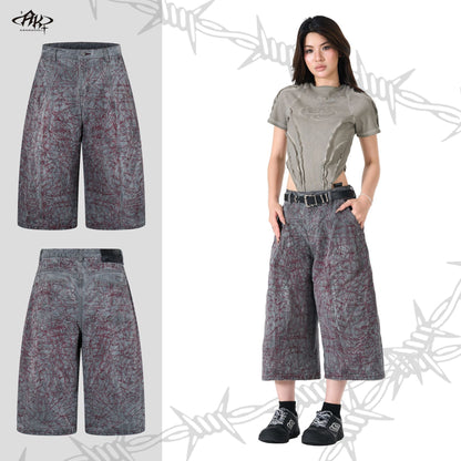 Heavy Industry Embroidery Washed Loose Cropped Shorts Retro American Hip Hop Street Trendy Casual Denim | Iron Bloom