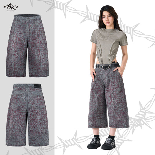 Heavy Industry Embroidery Washed Loose Cropped Shorts Retro American Hip Hop Street Trendy Casual Denim | Iron Bloom