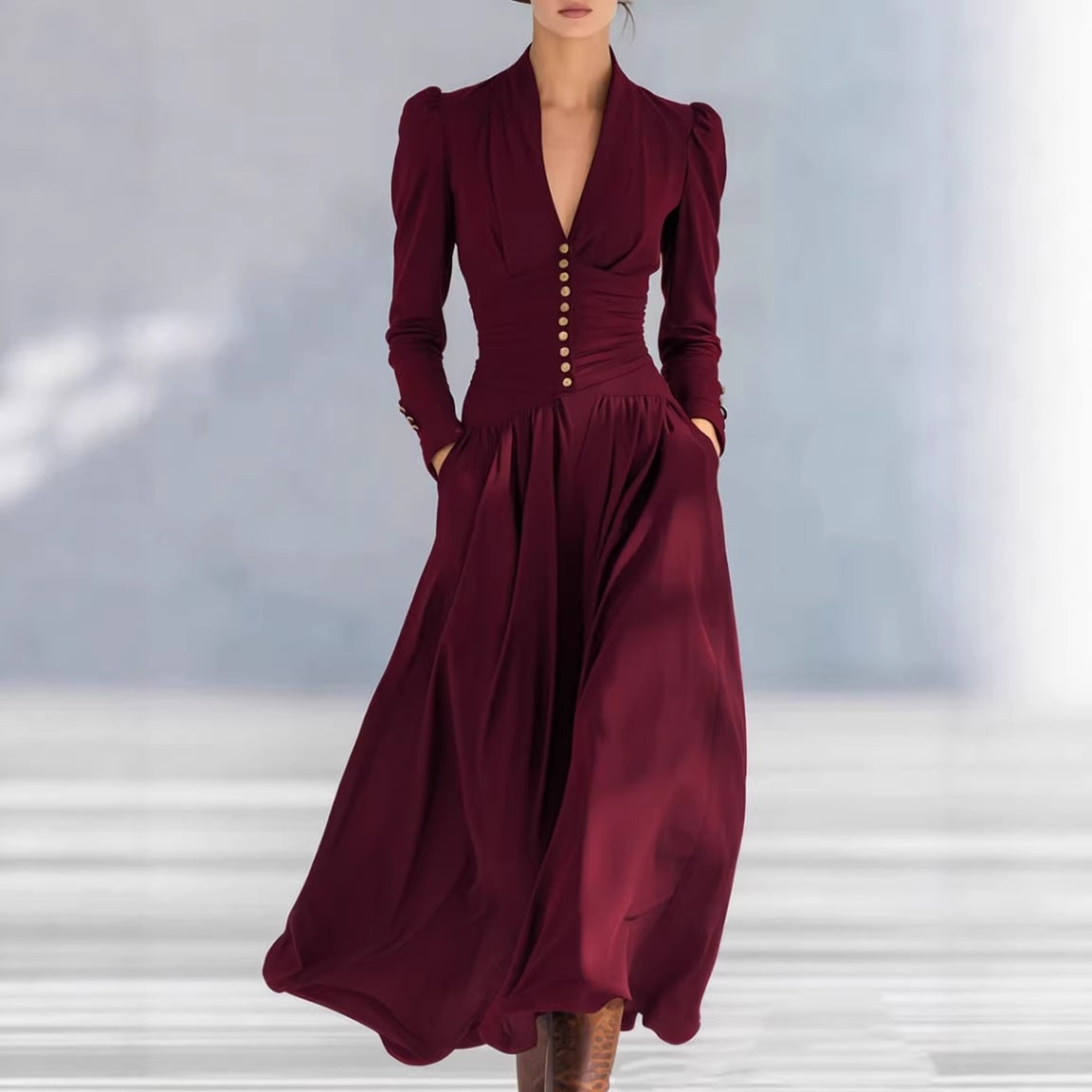 Women's V-Neck Bubble Sleeve Long Sleeve Big Swing Maxi Dress Elegant Waist Fall Winter Casual Dress Plus Size - Seldom Seen Styles