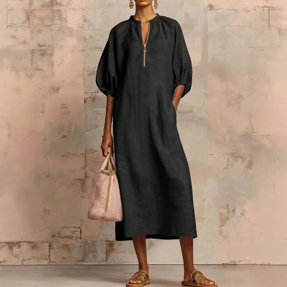 Women's Cotton Linen Midi Dress Puff Sleeve Loose Fit Casual Summer Dress V Neck Boho Maxi Dress with Pockets