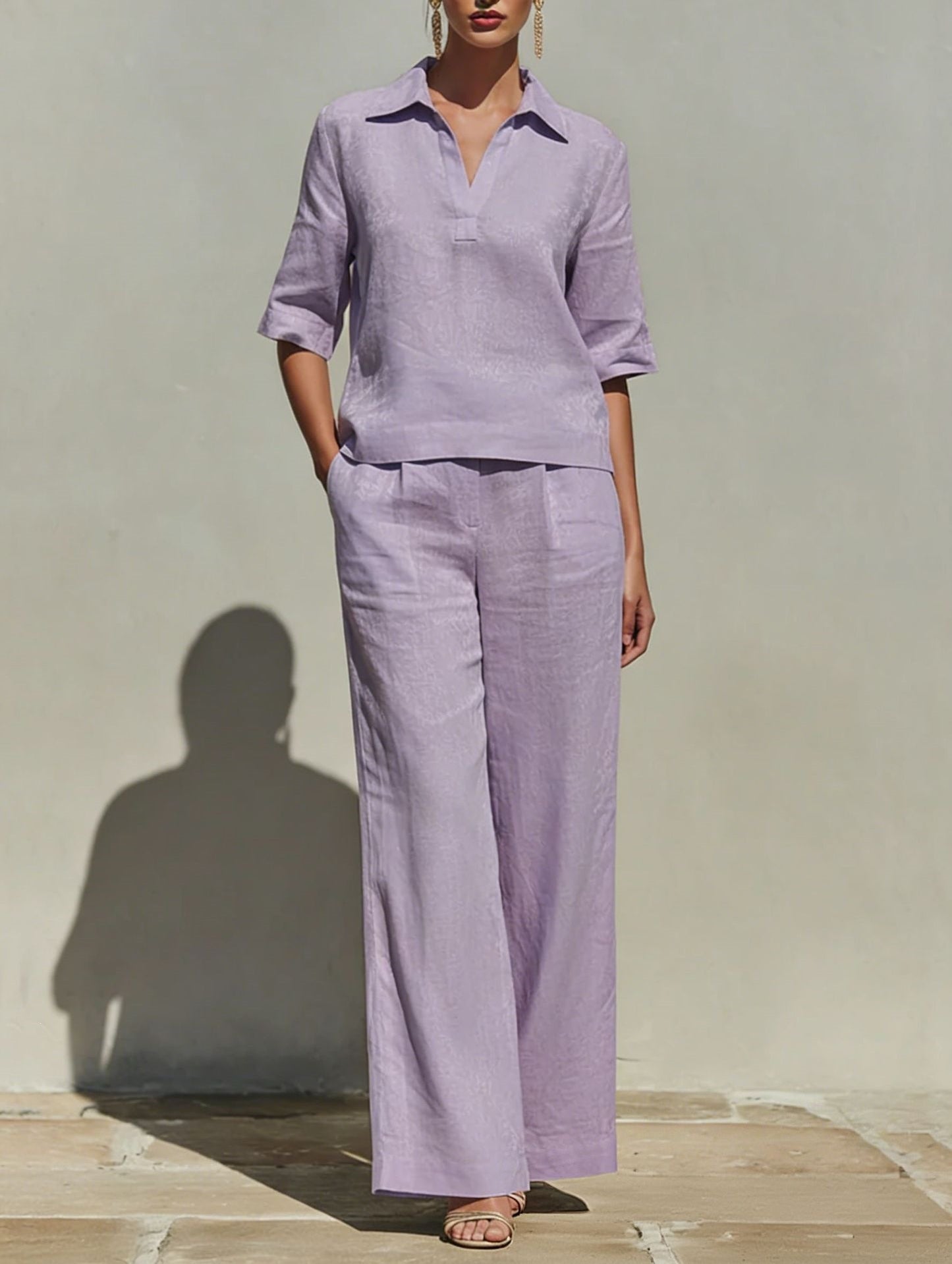 Women's Linen Two Piece Pants Set V Neck Blouse and Wide Leg Pants Casual Vacation Outfit - Seldom Seen Styles