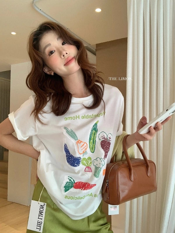 Vegetable Print T-Shirt – Casual Loose Fit Summer Tee - Seldom Seen Styles