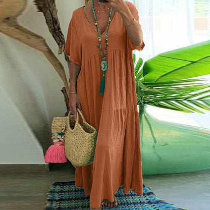Women's Solid Color Loose V-Neck Short Sleeve Big Swing Maxi Dress Summer Casual Vacation Outfit Plus Size