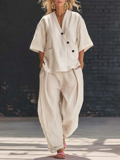 Women's V Neck Loose Short Sleeve Top High Waist Wide Leg Pants Two Piece Set Summer Casual Outfit