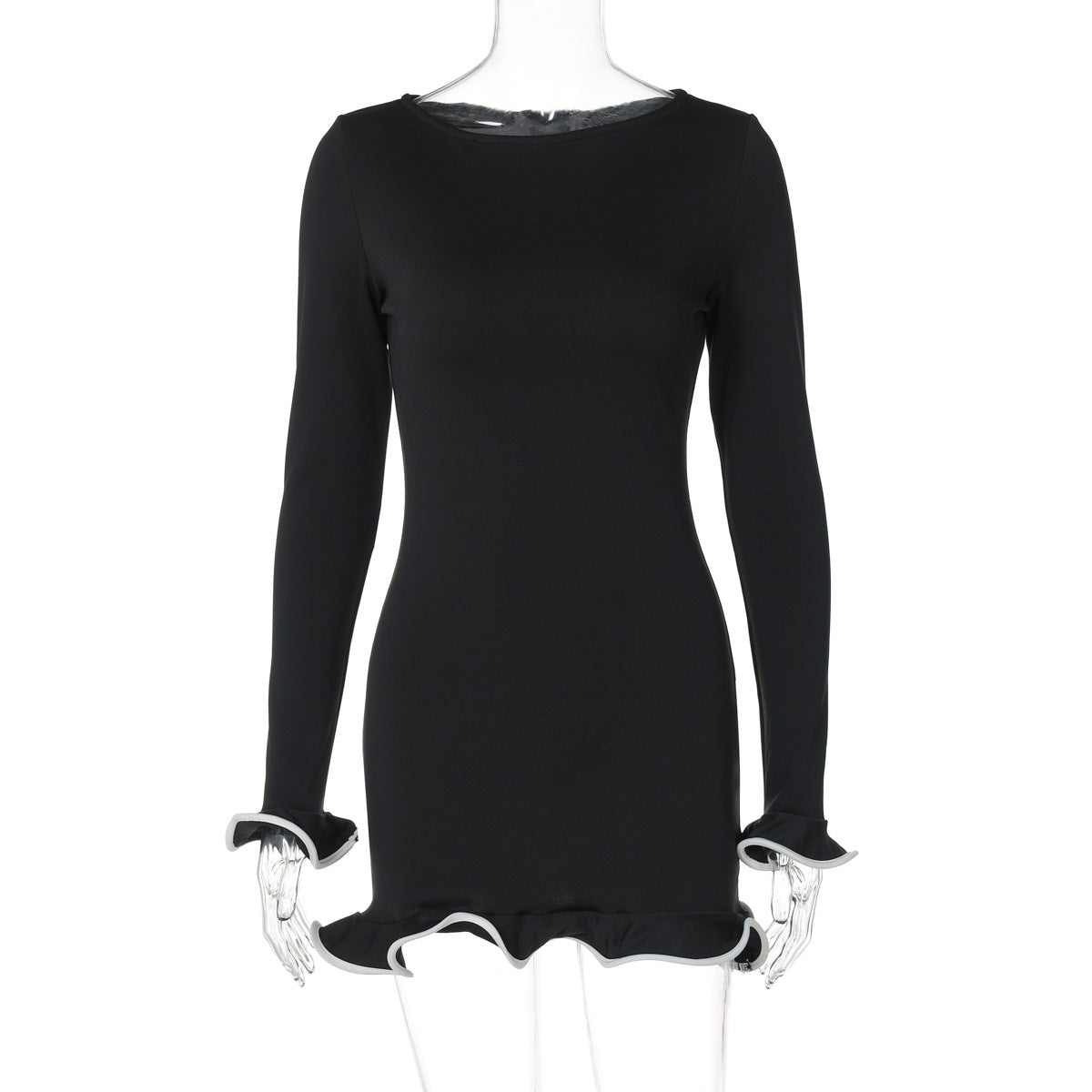 Sexy tight short skirt ruffle edge dress crimped knitted skirt long sleeve solid color women's summer dress - Seldom Seen Styles