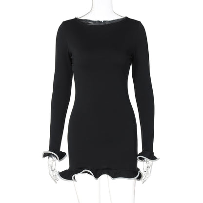 Sexy enger kurzer Rock Rüschensaum Kleid gekräuselter Strickrock Langarm einfarbig Damen Sommerkleid