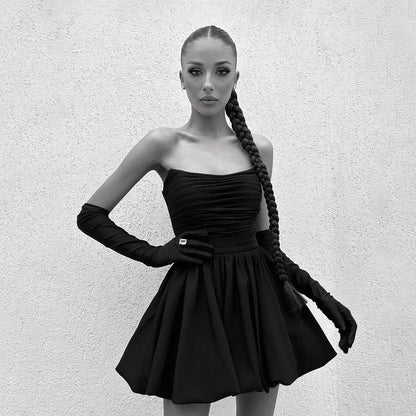 Schlauchkleid Hepburn-Stil Plissiert Schwarz Oberteil