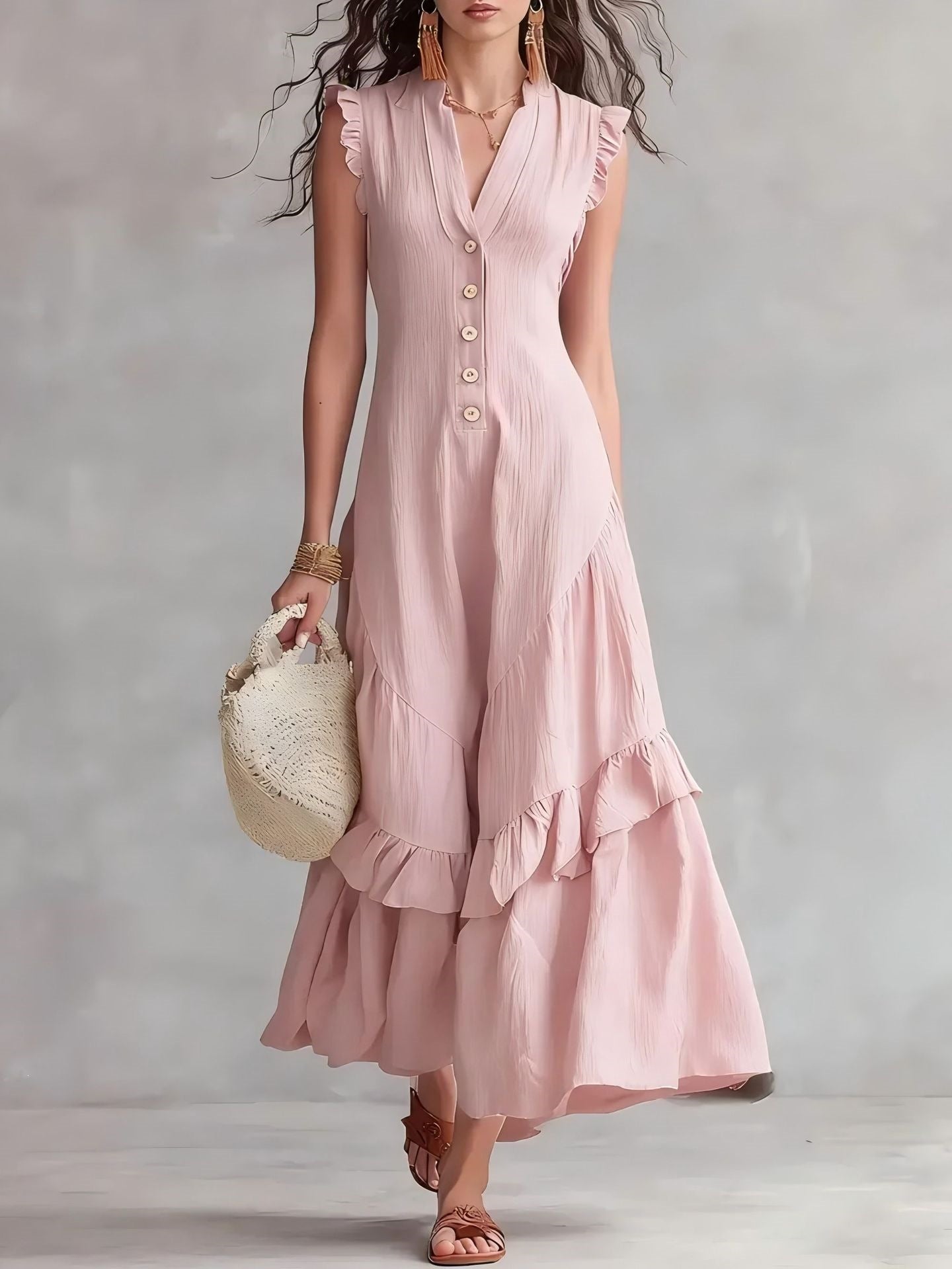 Women's Cotton Linen Maxi Dress Sleeveless V Neck Button Front Ruffle Hem Boho Summer Dress with Pockets - Seldom Seen Styles