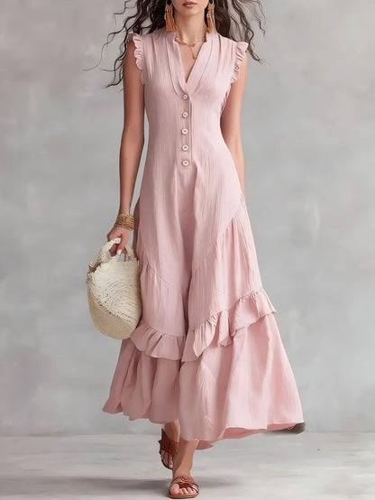 Women's Cotton Linen Maxi Dress Sleeveless V Neck Button Front Ruffle Hem Boho Summer Dress with Pockets