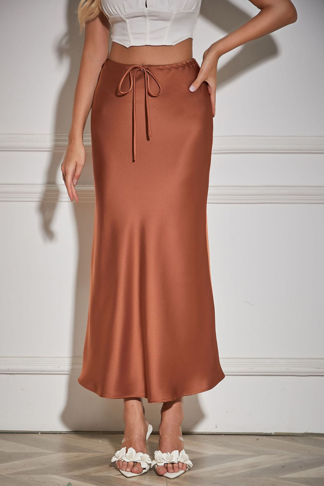 Satin High-Waisted Drawstring Belt Solid Color Midi Skirt - Seldom Seen Styles