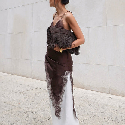 Spring and summer new simulation silk lace split inside dress design temperament satin satin suspender skirt