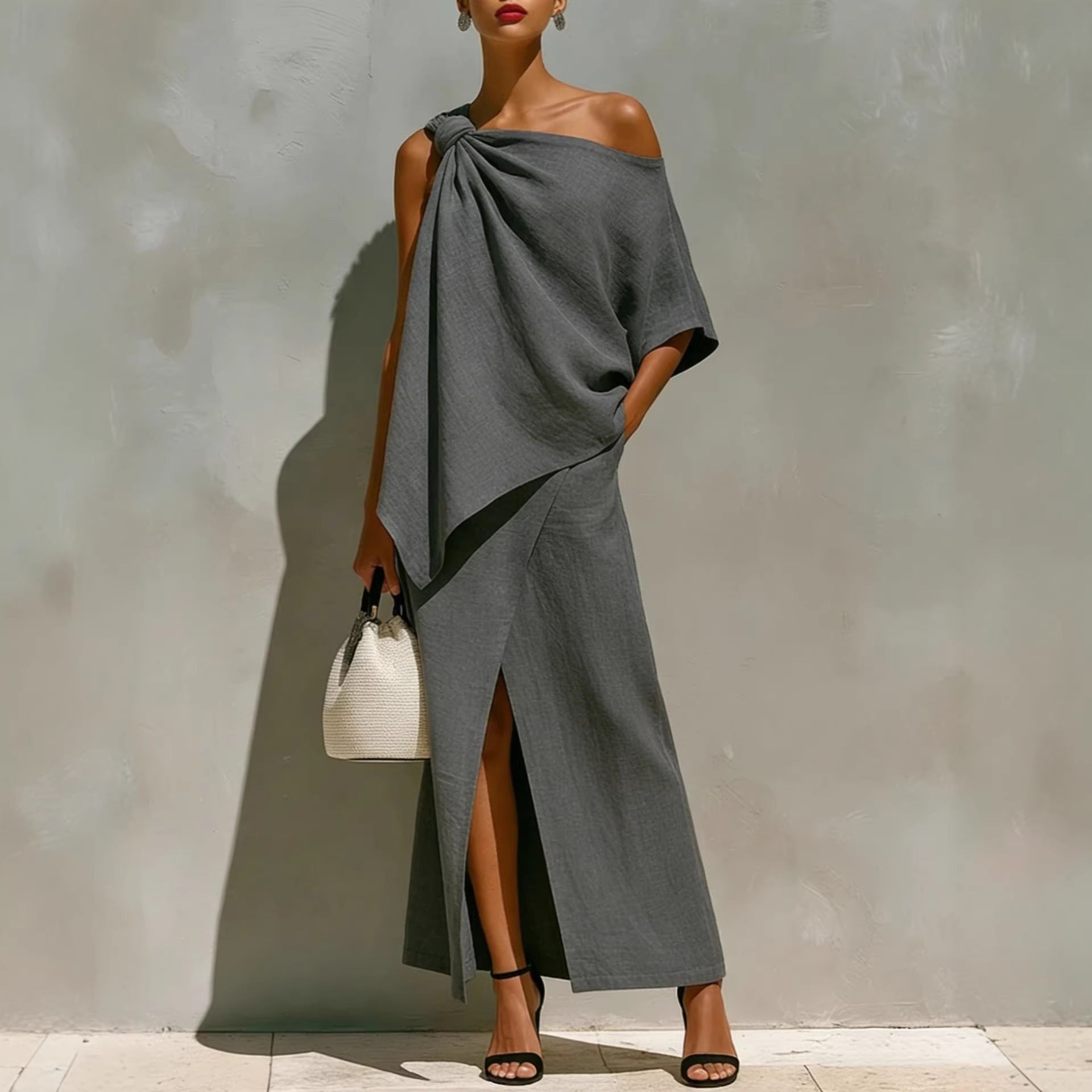Women's One Shoulder Knot Front Slit Irregular Two Piece Set Solid Color Summer Vacation Outfit - Seldom Seen Styles