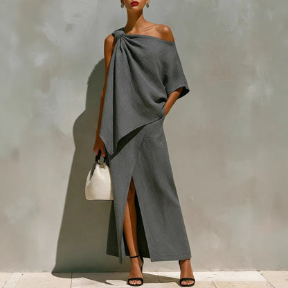 Women's One Shoulder Knot Front Slit Irregular Two Piece Set Solid Color Summer Vacation Outfit