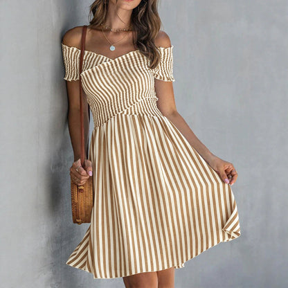 Women's Off Shoulder Striped Maxi Dress Slim Fit Summer Vacation Dress