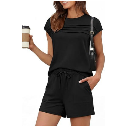 Women's Striped Two Piece Set Casual Loose Fit Crop Top and Shorts Summer Outfit