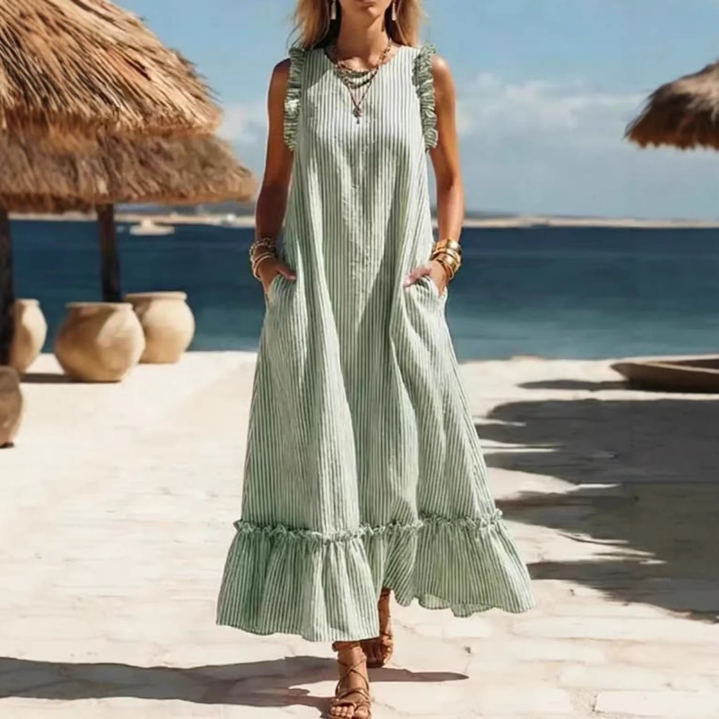 Women's Striped Sleeveless Ruffle Hem Loose Dress Casual Summer Beach Vacation Midi Dress - Seldom Seen Styles