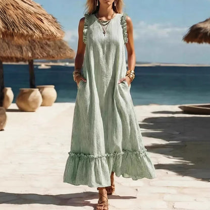 Women's Striped Sleeveless Ruffle Hem Loose Dress Casual Summer Beach Vacation Midi Dress