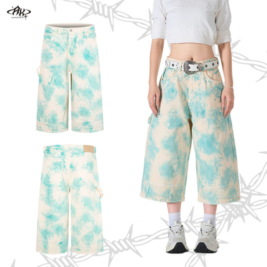 Hand-Painted Heavyweight Denim Shorts Loose Hip Hop Vintage American Street Trendy Casual Cropped Pants | Paint Shorts