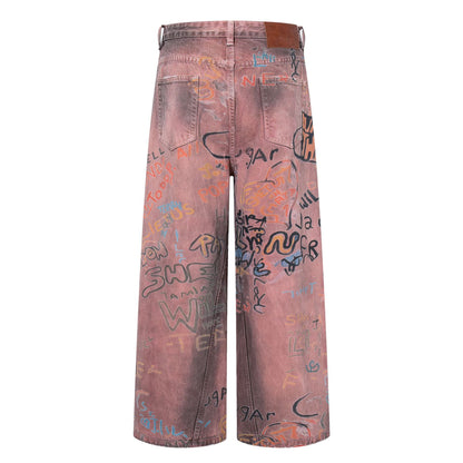 Letter Graffiti Design Loose Straight Denim Trousers Retro American Niche Streetwear Casual Spring Summer Jeans | Letter Drift